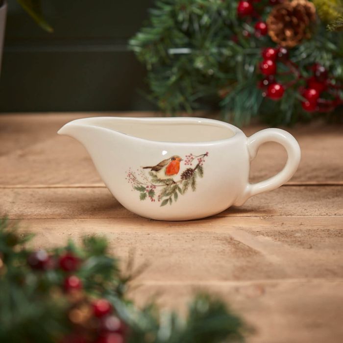 Robin Gravy Boat White Stoneware With Pinecone & Holly