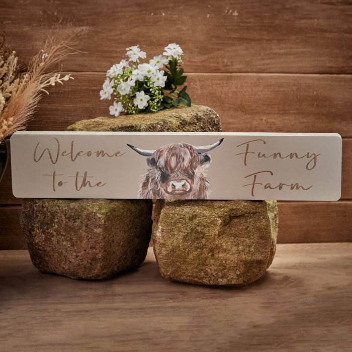 Dougal Highland Cow Long Plaque Grey Wood Funny Farm