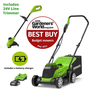 Greenworks 33cm Lawnmower c/w Line Trimmer Battery & Charger