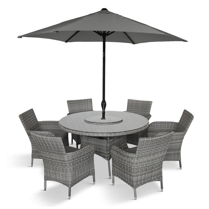 Monaco Stone 6 Seat Dining Set with Weave Lazy Susan and 3m Parasol