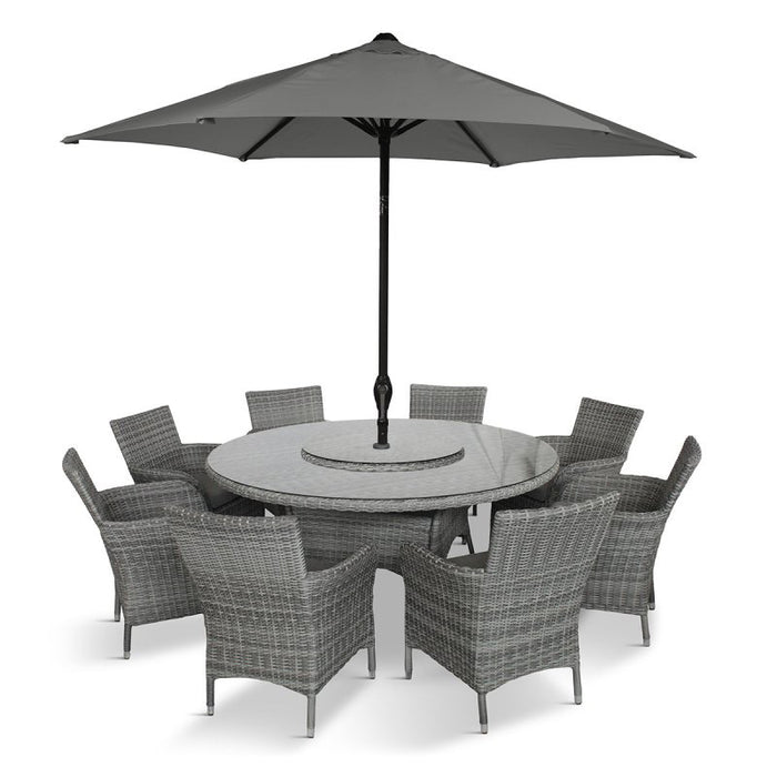 Monaco Stone 8 Seat Dining Set with Weave Lazy Susan and 3.0m Parasol