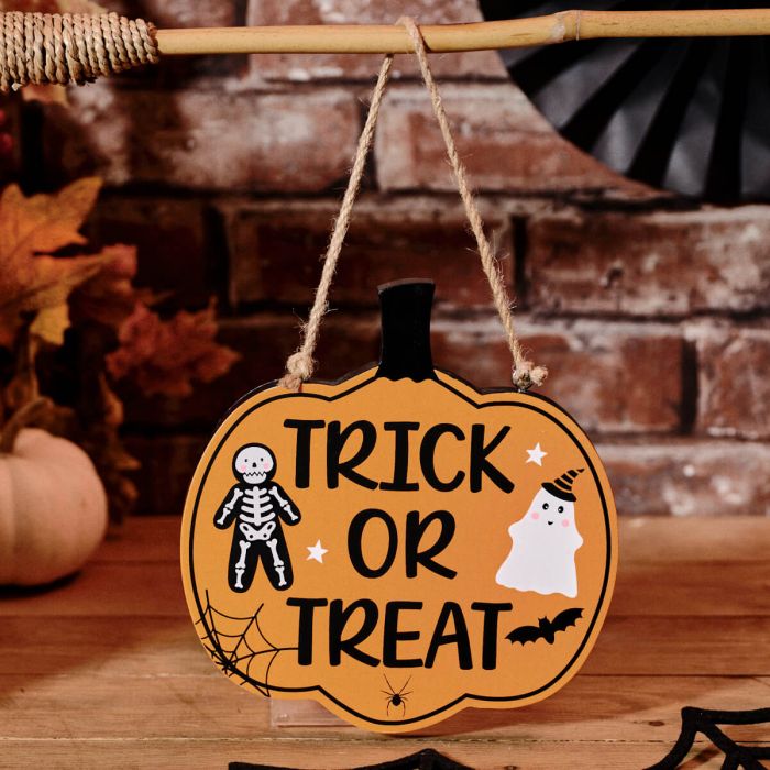 SPOOKTACULAR REVERSIBLE TRICK OUT OF TREATS WOODEN HANGER