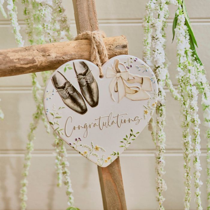 CERAMIC CONGRATULATIONS BRIDE AND GROOM SHOES HANGING PLAQUE