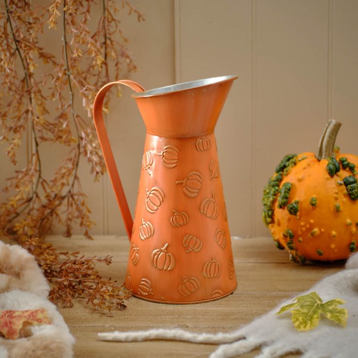 HARVEST HOME EMBOSSED METAL PUMPKIN JUG
