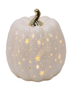 WHITE CERAMIC LED PUMPKIN ORNAMENT WITH CUTOUT STARS