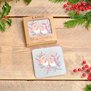FROSTED ROBIN WITH BERRIES HEAT RESISTANT COASTERS