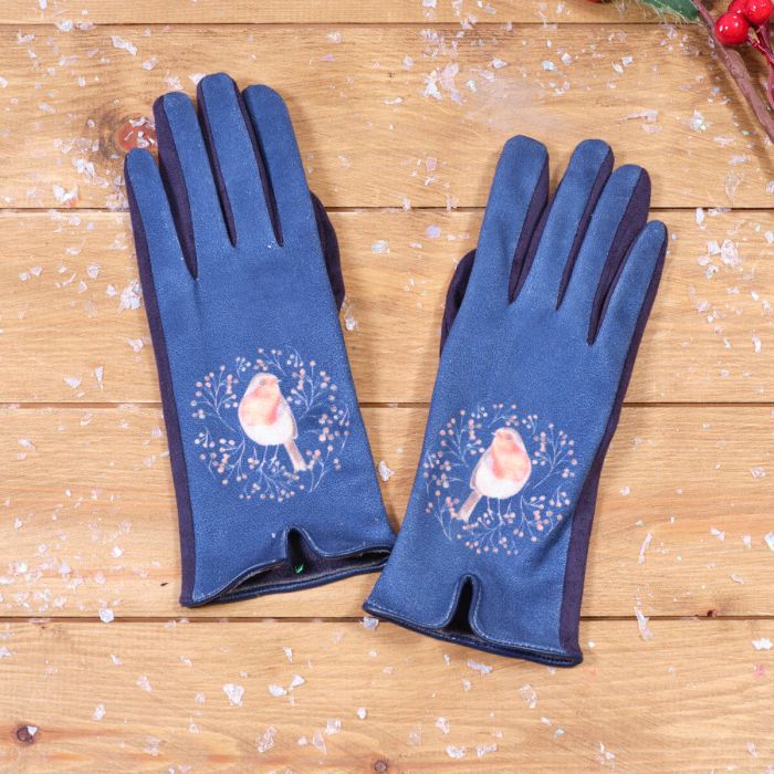 ROBIN NAVY GLOVE PAIR WITH SIMPLE FOLIAGE WREATH