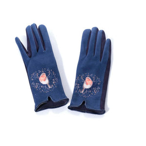 ROBIN NAVY GLOVE PAIR WITH SIMPLE FOLIAGE WREATH