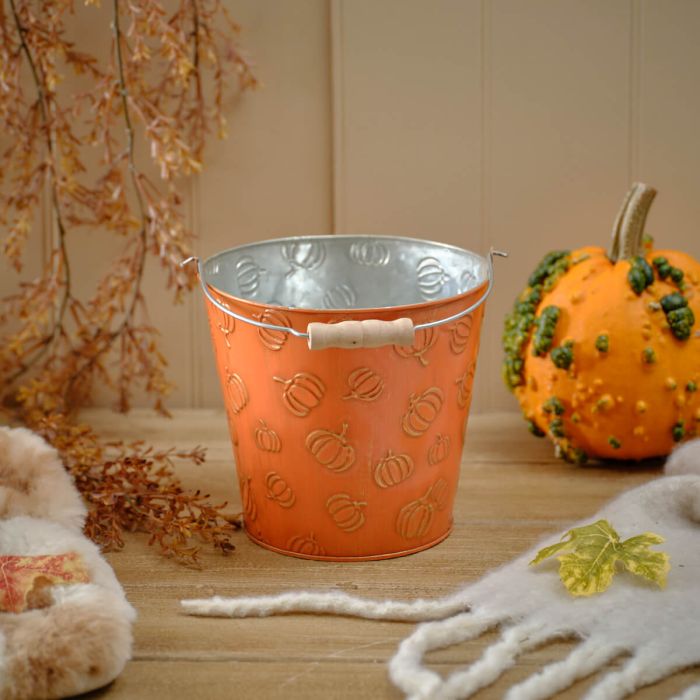 HARVEST HOME EMBOSSED METAL PUMPKIN BUCKET