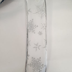 White Ribbon with Silver Glitter Snowflakes 2.7m