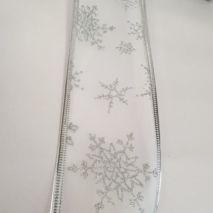 White Ribbon with Silver Glitter Snowflakes 2.7m