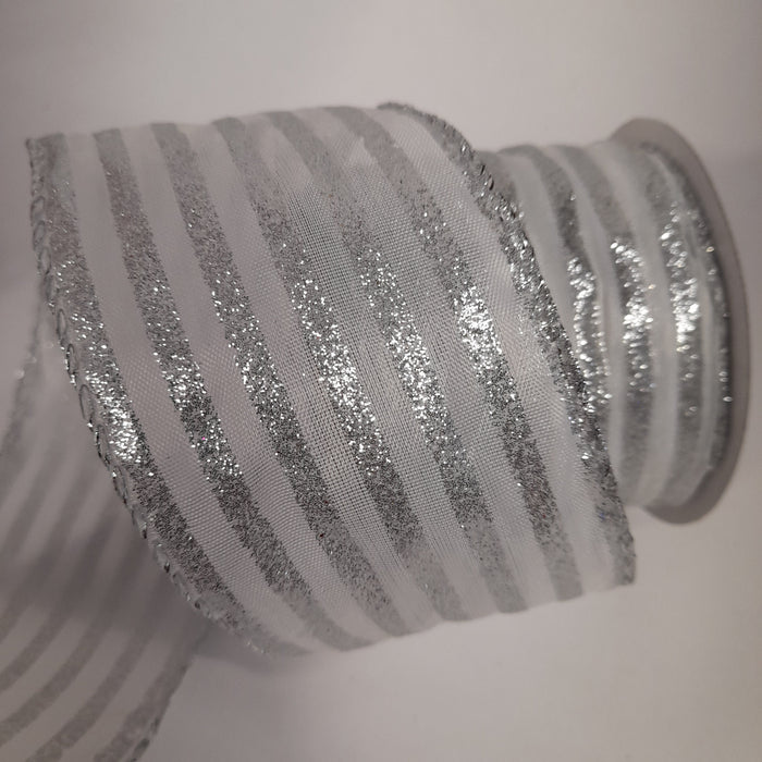 White Ribbon with Silver Glitter Stripes 2.7m
