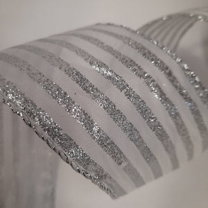 White Ribbon with Silver Glitter Stripes 2.7m