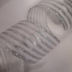 White Ribbon with Silver Glitter Stripes 2.7m