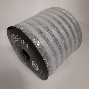 White Ribbon with Silver Glitter Stripes 2.7m