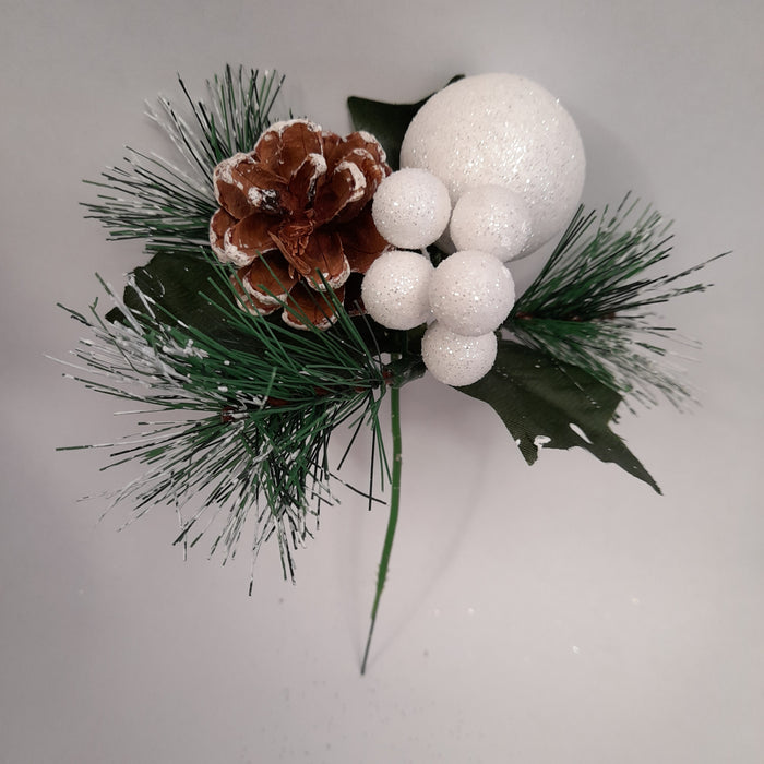 Glitter Ball & Pinecone 20cm Pick - White