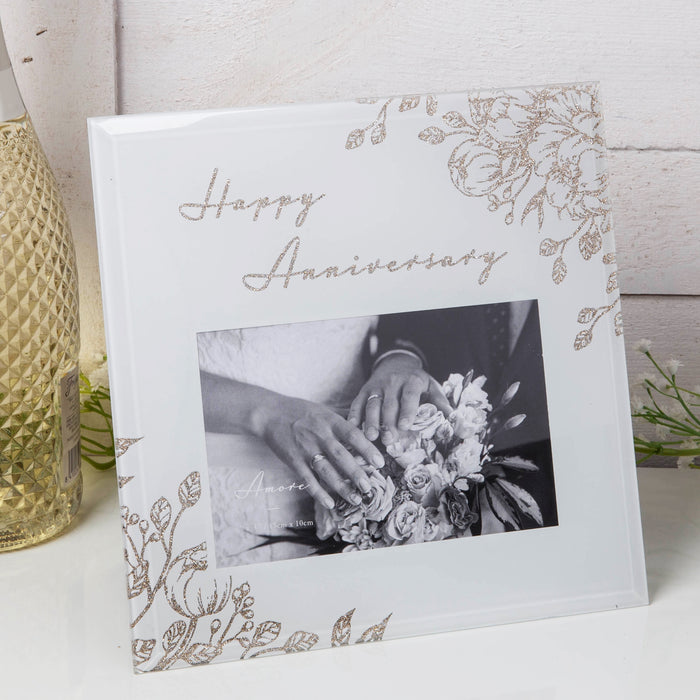 Happy Anniversary Glass Floral Frame