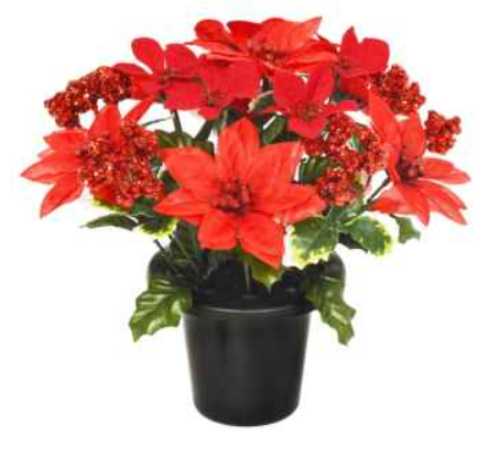 Artificial Red Poinsettia with Glitter Berries Grave Pot